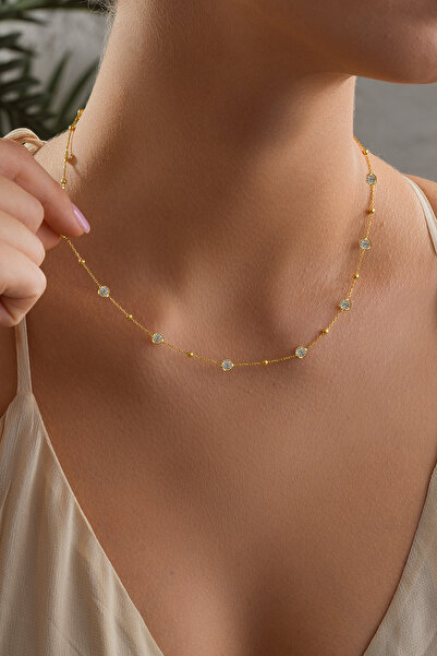 ESSARE 925 Ayar Gümüş Gold Kaplama Minimal Yuvarlak Sıralı Beyaz Taşlı Kolye