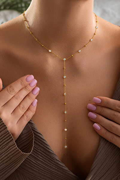 ESSARE 925 Ayar Gümüş Gold Kaplama Minimal Yuvarlak Beyaz Taşlı Y Model Kolye