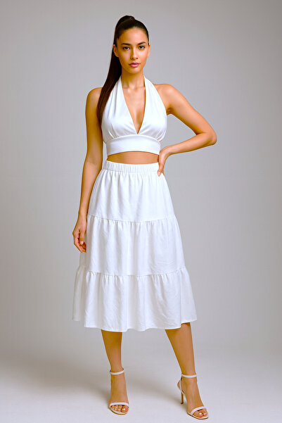 Kahra Collection White Midi Skirt, Length 75cm, Layered Skirt, Basic Comfortable Midi Skirt (Length Not Suitable for Hijab)