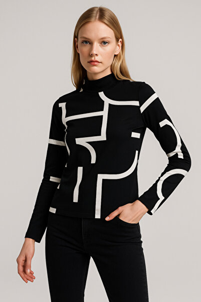 LACHT Women's Black Graphic Patterned Mock Neck Long Sleeve Blouse