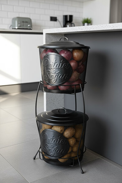 EVSTYLE 2 Katlı Metal Patates Soğan Kovası - Sebzelik - Patates Soğanlık Sepeti