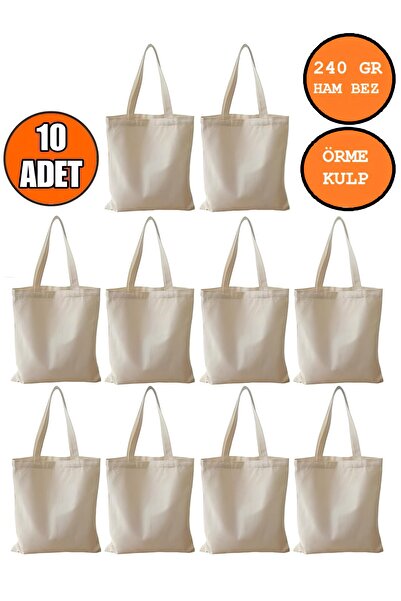 MUTURA Baskısız Ham Bez Çanta 240 Gr. Kumaş Punch Ve Boyamaya Uygun Örme Balık Sırtı Kulp 10 adet