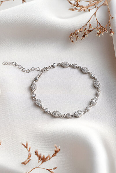 ESSARE 925 Ayar Gümüş Rodyum Kaplama Sıralı Beyaz Damla Zirkon Taşlı Bileklik