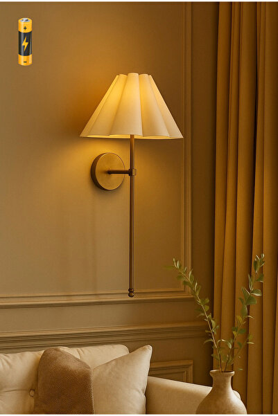 burenze Modern Madame Fico Krem Abajurlu Pilli Aplik Aç Kapa Butonlu Kablosuz Eskitme Gold Sarı