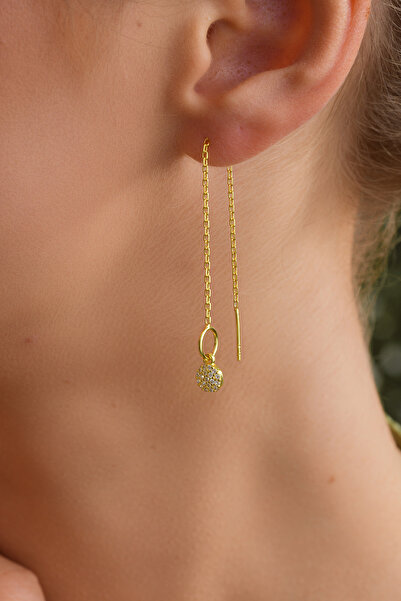 ESSARE 925 Ayar Gümüş Gold Kaplama Zirkon Taşlı Top Uçlu Zincir Model Küpe