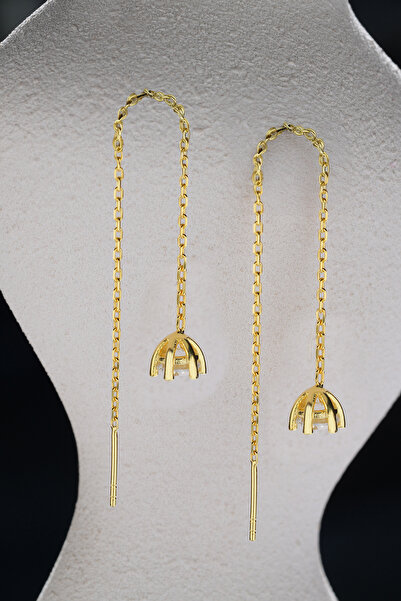 ESSARE 925 Ayar Gümüş Gold Kaplama Tek Taşlı Zincir Model Küpe