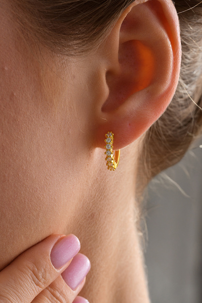 ESSARE 925 Ayar Gümüş Gold Kaplama 15 Mm Zirkon Taşlı Halka Küpe