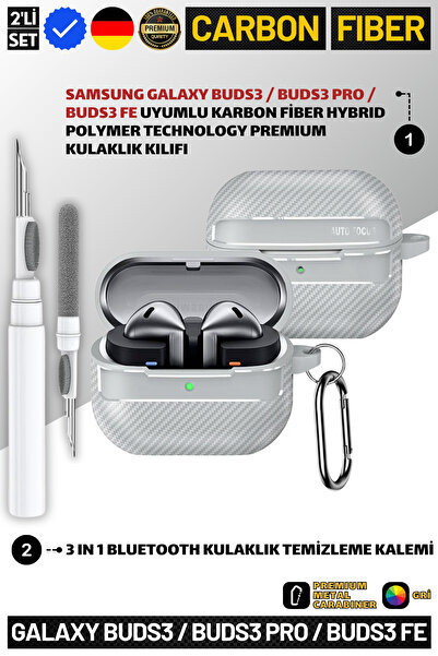 EWEC İkili Set | Samsung Galaxy Buds3 ve Buds3 Pro Uyumlu Karbon Fiber Kılıf ve 3 in 1 Temizleme Kalemi