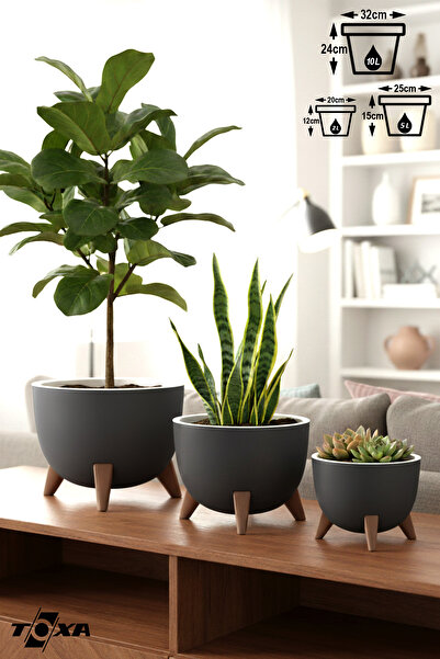 ToXA 3 Boy Küre Saksı Seti Drenajlı Ayaklı Süzgeçli Plastik Çiçek Saksısı Set