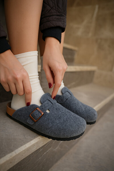 B&B'shop Kadın Antrasit Kışlık Keçeli Önü Kapalı Mantar Tabanlı Rahat Sabo Ev Terliği