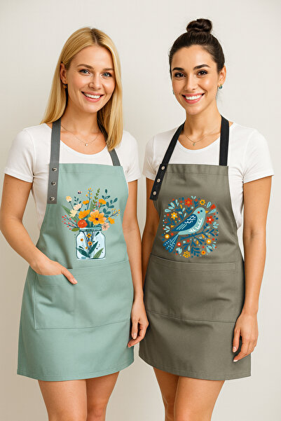 Hulganz Mutfak Önlüğü Seti 2'li Leke Tutmaz Su itici Kumaş Solmaz Baskı Çiçek Kuş Önlük
