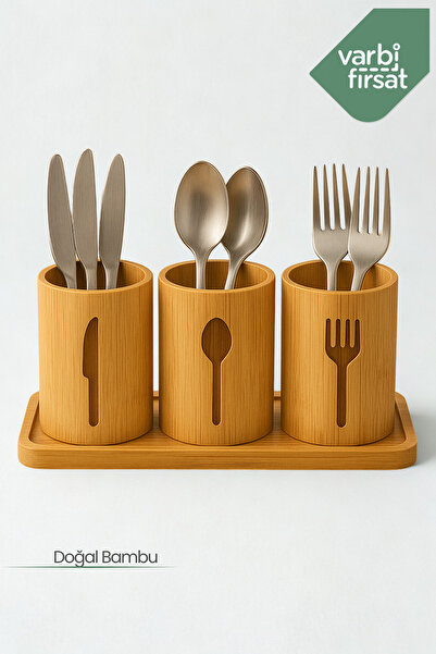 Varbifırsat Natural Bamboo Cutlery Holder – 3-Piece Kitchen Organizer