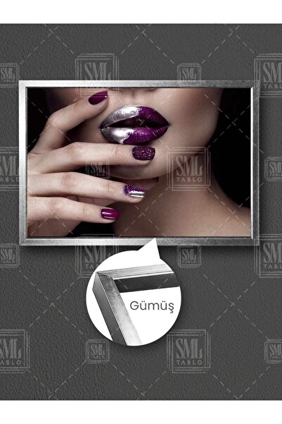 SML TABLO Mor Gümüş Taşlı Oje Ruj Güzellik Salonu Tırnak Makyaj Koaför Kadın ...