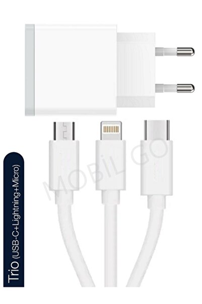 MOBİL GO iPhone Samsung Redmi Realme Huawei Uyumlu 3 in 1 Hızlı Şarj Aleti Micro Lightning Type C