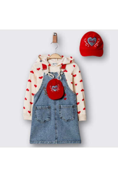 NOTA KİDS Kapşonlu Sweatshirt , Kot Elbiseli ve Şapkalı Kız Çocuk Takımı