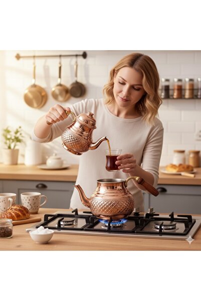 Bakır Center إبريق شاي نحاسي بنمط هرم - مطرقة مطرزة بالنيكل مقاس كبير مصنوع ي...