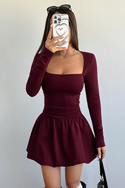 ecemore Kare Yaka Yanı Büzgü Balon Etekli Uzun Kollu Bordo Mini Elbise
