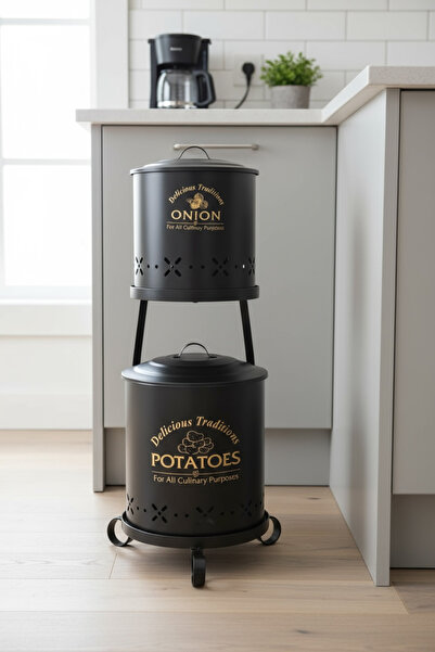 EVSTYLE Siyah 2 Li Ferforje Pat. Soğan Kovası - Lama Demir