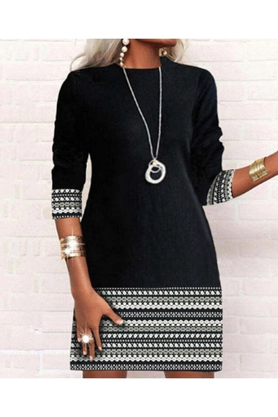 Butik Women's Long Sleeve Crew Neck Printed Two Thread Dress at Cuff and Hem