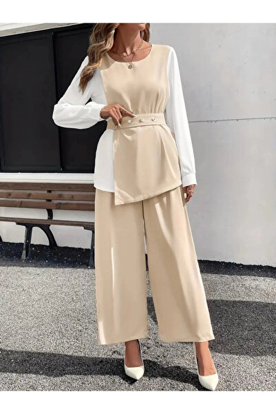 Butik Women's Long Sleeve Open Collar Double Color Belted Imported Crepe Two-Piece Suit