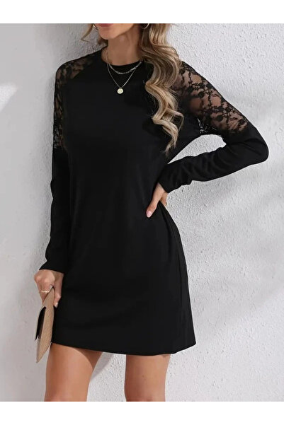 Butik Women's Long Sleeve Crew Neck Lace Detail Visk8N Two Thread Button Mini Dress