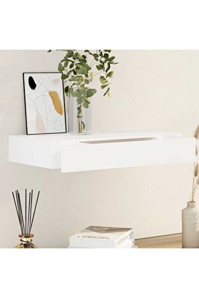 vidaxl رف عرض حائطي عائم من خشب MDF أبيض، درج واحد لتخزين الكتب وأقراص DVD