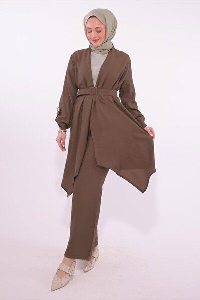 TRENDTESETTÜR KADIN KAHVE KEMERLİ PANTOLONLU TAKIM T 0274