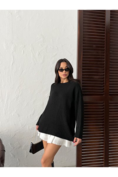 BEJNA Schwarzer, weicher, strukturierter Basic-Strickpullover mit Rundhalsausschnitt und Oversize-Passform für Damen