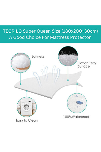 TEGRILO Waterproof Cotton Terry Mattress Protector - Deep Pocket, Vinyl-Free, Noiseless (180x20x30cm)