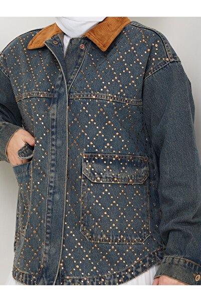 VELLICHOR Velvet Collar Denim Jacket Dark Blue - Zigzag Pattern