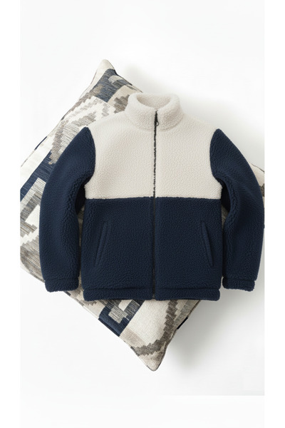 Fifty Color Унисекс, тъмносин-бял, цветни блокове, цип, стояща яка, подплатена с флис, плюшена яке