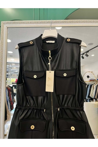 MERAM BUTİK Nurgün Leather Vest with Pocket Detail - Black - 2