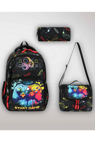 KY Erkek Çocuk Gamer Siyah Ortopedik Sırt Destekli İlkokul 3'lü Çanta Seti Fo...