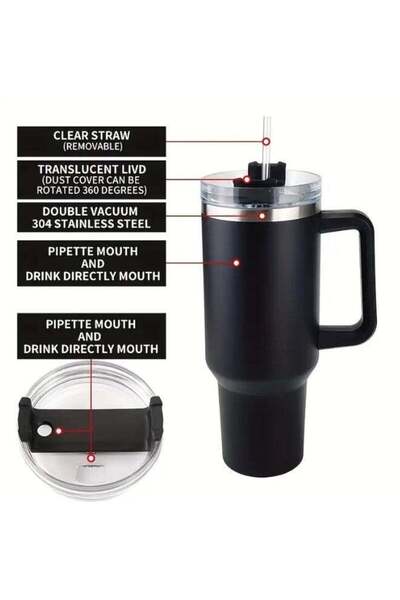 COOYA زجاجة مياه كبيرة السعة مع مقبض وغطاء من القش، معزولة وقابلة لإعادة الاستخدام من الفولاذ المقاوم للصدأ