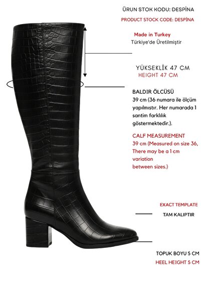 DİVOLYA Despina Siyah Krokodil Deri Topuklu (5 cm Topuklu ) Yanı Fermuarlı Günlük Kullanım Çizme
