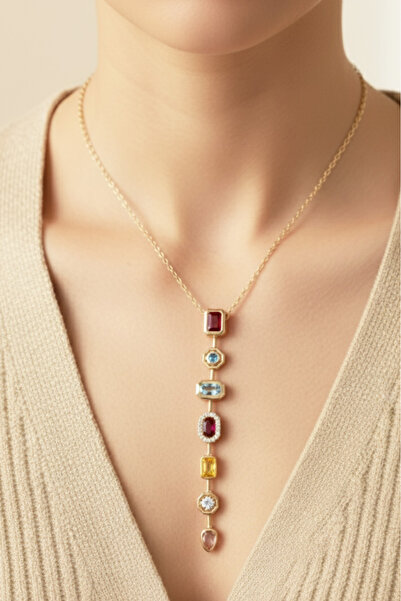 Modacaprea Cheng 14K Renkli Taşlı Kırmızı Y Zincir Kolye 50 cm | Altın Renkli...