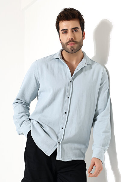 GÖMLEKÇİNİZ Erkek Gömlek Oversize Kalıp Gabardin Kumaş Kalın Çıt Çıt Buz Mavi...