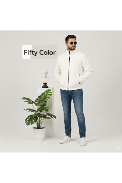 Fifty Color Ecru bílá plyšová plyšová bunda Wellsoft s vysokým límcem Kapsy na zip Oversize střižená plyšová bunda