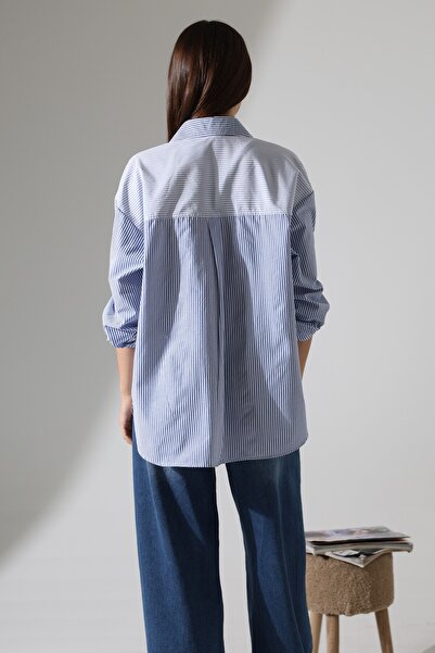 Corradeo Giyim oversized Γυναικείο πουκάμισο τουνίκ από ύφασμα ποπλίνα ριγέ μπλε με τσέπες