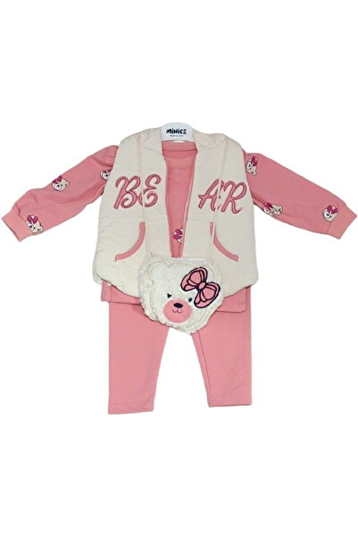 minice baby 6102CE Kız Bebek Bear Nakışlı Çantalı Yelekli 4'lü Takım