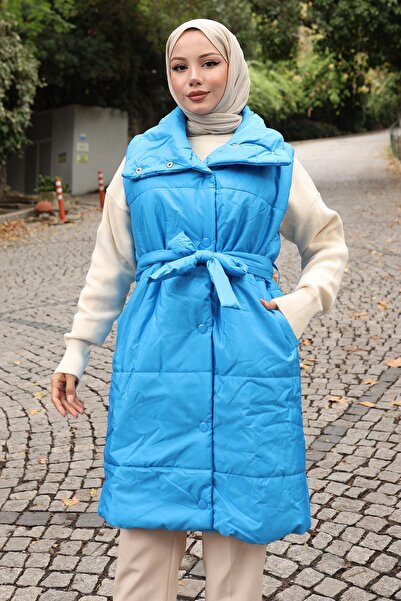 Modamihram سترة منتفخة ذات ياقة واسعة باللون الأزرق 6093