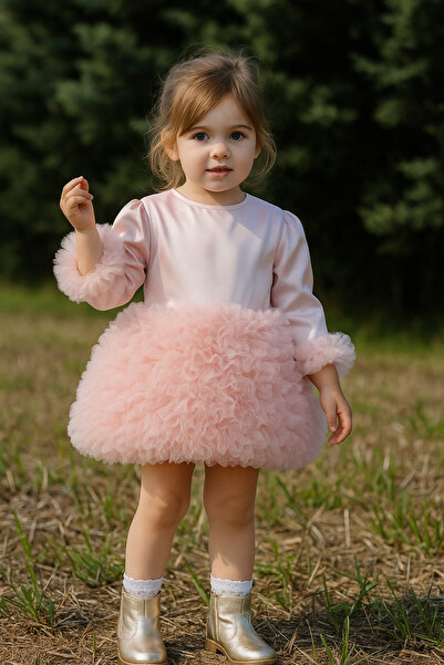 2kids2mom Kız Bebek Çocuk Elbise Uzun Kollu Tüllü Tütü Özel Gün Parti Doğum Günü Prenses Saten Abiye Elbise