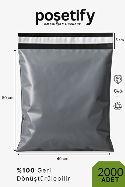POŞETİFY Cepsiz Kargo Poşeti 40x50x5 cm | 2000 Adet | E-Ticaret Poşeti | Gri | Yapışkan Bantlı Kargo Zarfı
