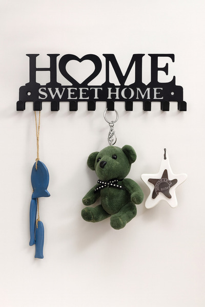 VENON Siyah Home Sweet Home Yazılı 25 cm x 9.5 Cm Metal Anahtarlık Kapı Girişi Askısı 10 Kançalı Tutucu