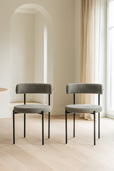 Atolye Casa Gini Sandalye Siyah Ayak Gri Beyaz Kumaş 2 Adet