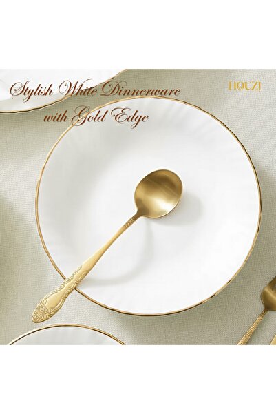Houzi 16 Pcs Gold line Opal ware Dinner set 4 Dinner plate 4 Dessert plate 4 Bowl 4 Soup spoon