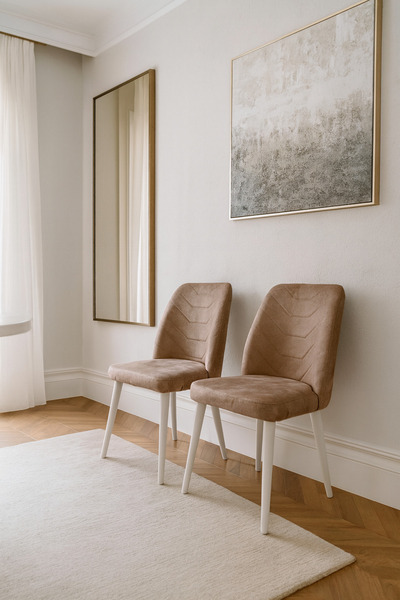 Atolye Casa Dallas Sandalye Beyaz Ayak Açık Kahve Kumaş 2 Adet