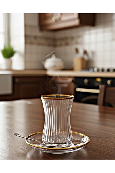 DECOSTYLE Duru Upright Cut Shiny Decorated Matte Gold Hand Embroidered 12 Piece Tea Set