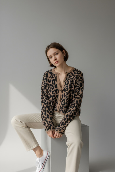 NEWCO Furry Leopard Detail Inicili Dume Modern and Comfortable Fit Knitwear Cardigan