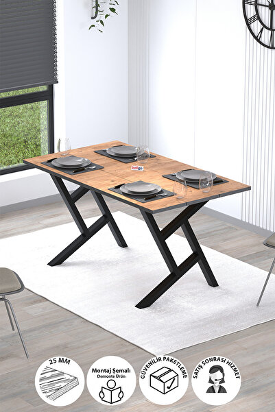 Bofigo Yemek Masası Metal Ayaklı Mutfak Masası Luna 85 x 150 Cm Yıldız Ayaklı Çam
